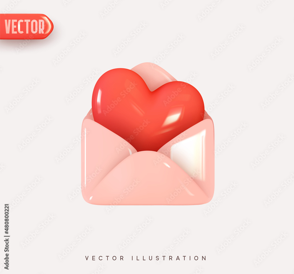 Poster 3d vector icon open envelope letter, mail letter with red heart. realistic elements for romantic des