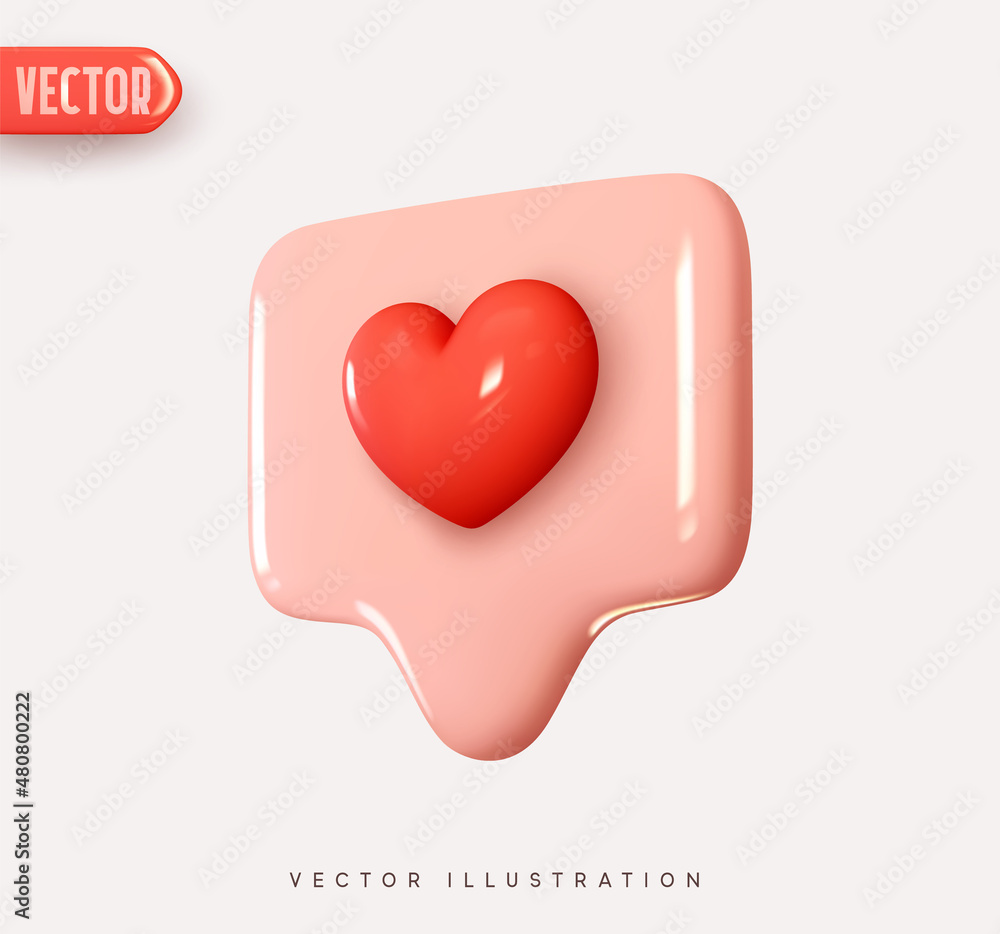 Poster 3d vector icon message dialog button with red heart. Realistic Elements for romantic design. Isolated object on pink background