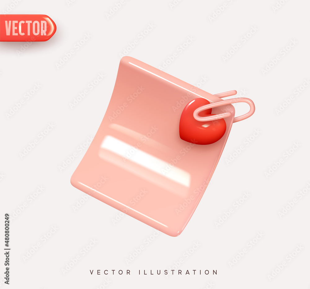 Poster 3d vector icon paper sheet, letter sheet pinned with paper clip and red heart. paper notes realistic