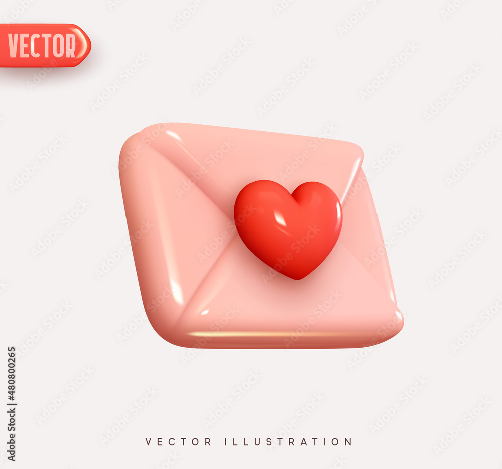 Poster 3d vector icon envelope letter, mail letter with red heart. realistic elements for romantic design. 