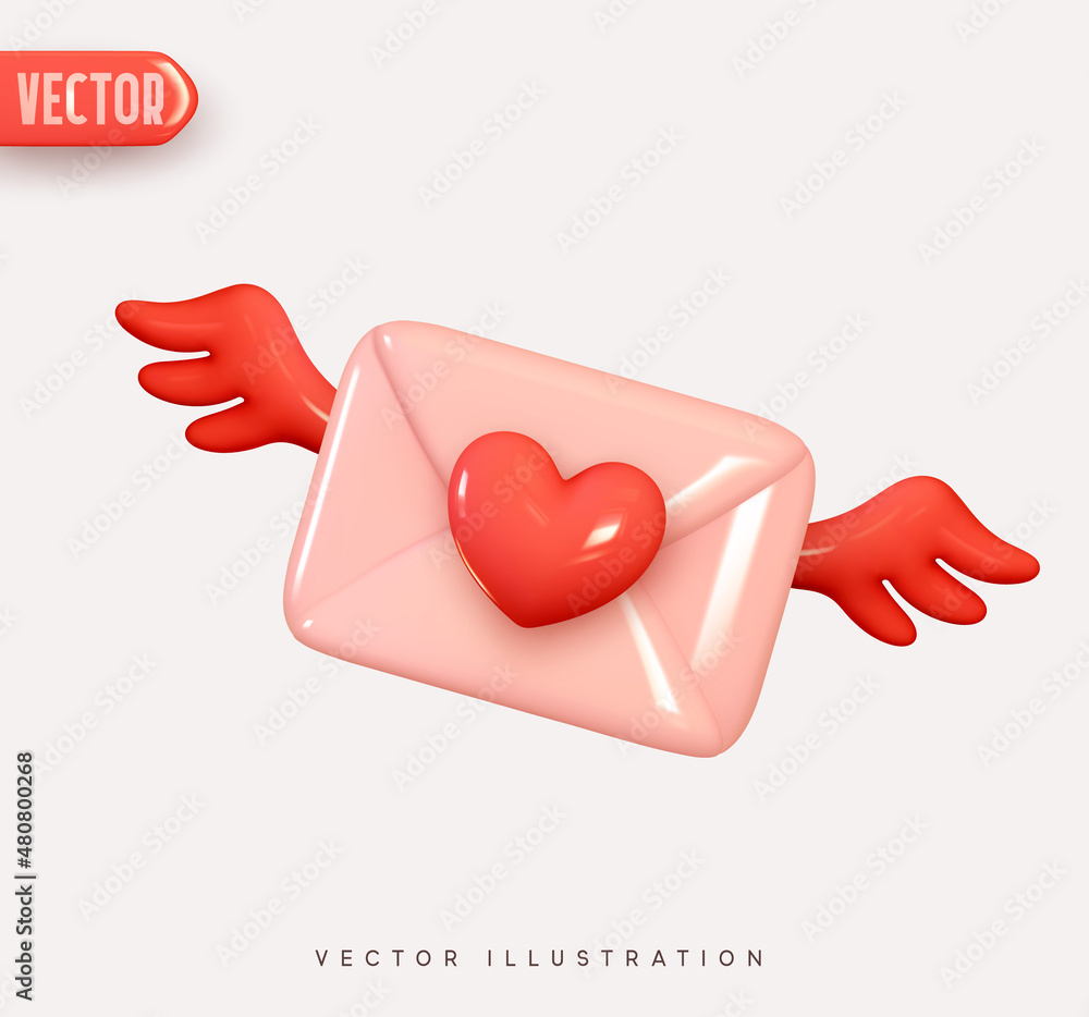 Poster 3d vector icon envelope letter with wings, mail letter with red heart. realistic elements for romant