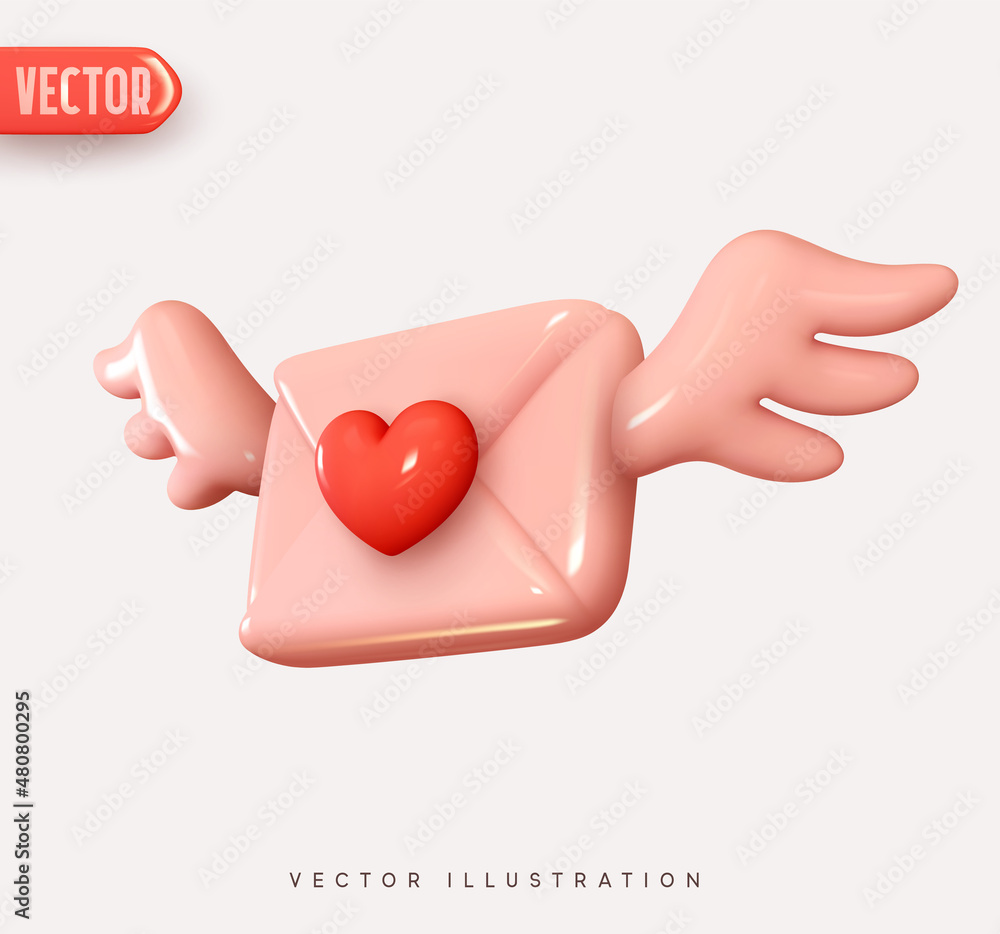 Poster 3d vector icon envelope letter with wings, mail letter with red heart. realistic elements for romant