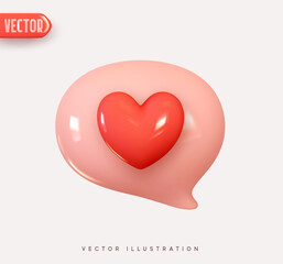 3d vector icon message dialog button with red heart. Realistic Elements for romantic design. Isolated object on pink background