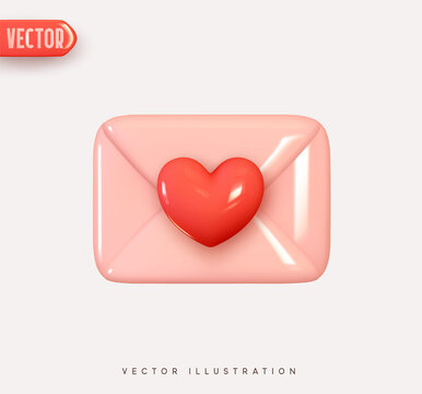 3d vector icon envelope letter, mail letter with red heart. Realistic Elements for romantic design. Isolated object on pink background