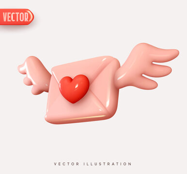 3d vector icon envelope letter with wings, mail letter with red heart. Realistic Elements for romantic design. Isolated object on pink background