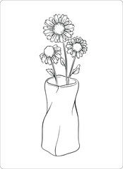 A bouquet of chamomile flowers in a fashionable interior vase. Vector. Daisies are made with contour lines on a separate transparent background. Romantic festive spring bouquet.