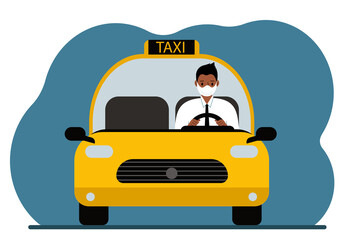 Yellow city taxi car. A man in a shirt, tie and medical mask is driving. Foreground. Vector