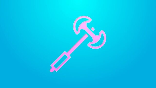 Pink line Medieval poleaxe icon isolated on blue background. 4K Video motion graphic animation