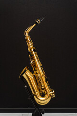 Fototapeta premium Saxophone musician instrument on stand on black background. Sax musical instrument for play jazz.