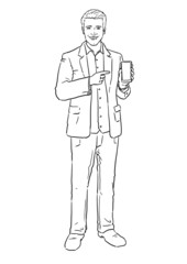 Smart Business Man holding Mobile Phone Illustration Comic-Style Lineart - 480801471