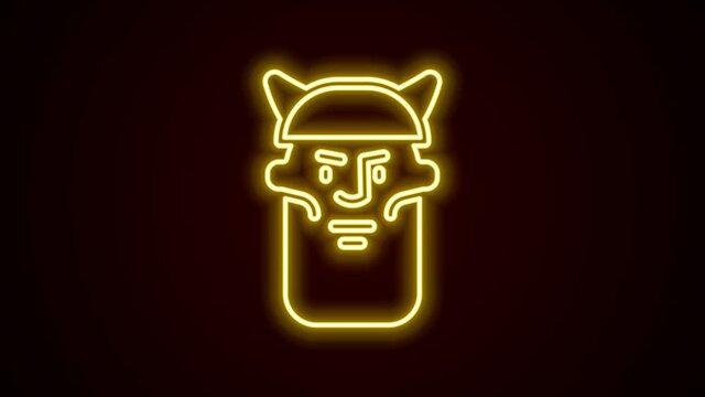 Glowing neon line Viking head icon isolated on black background. 4K Video motion graphic animation