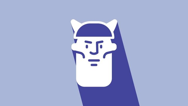 White Viking head icon isolated on purple background. 4K Video motion graphic animation