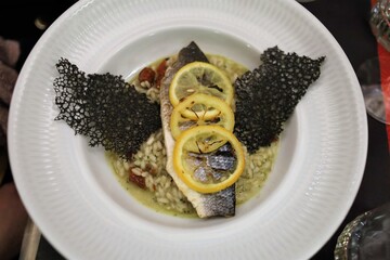 Filet de bar dans une assiette blanche, ville de Lyon, France