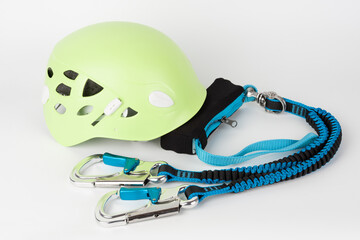 Via ferrata set, one touch carabiners, elastic safety branches with strap fall absorber and green...