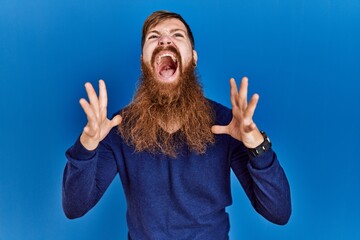 Redhead man with long beard wearing casual blue sweater over blue background crazy and mad shouting and yelling with aggressive expression and arms raised. frustration concept.