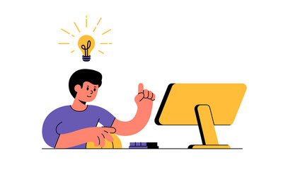 Man is working at a computer, use a computer mouse and typing on keyboard and idea comes to him in form of abstract light bulb vector illustration simple graphic style