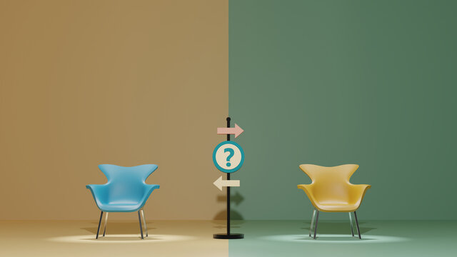 どちらかの椅子を選ぶイメージ　矢印とクエスチョンマークの看板　3DCG　Which one would you like to sit in?