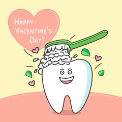 Valentine's day card. Cartoon tooth. Dental illustration of brushing teeth. Greetings from dentistry.