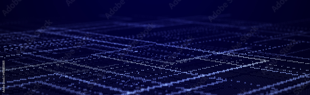 Poster Abstract technology background. Computer matrix. Futuristic cyber blue background of points. 3d rendering.