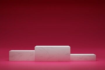 Clean white box shape marble podium on red background for luxury product ads
