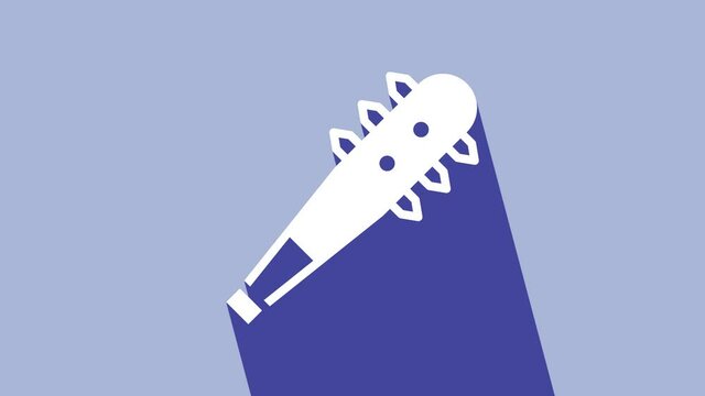 White Medieval chained mace ball icon isolated on purple background. Morgenstern medieval weapon or mace with spikes. 4K Video motion graphic animation