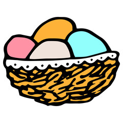 the nest icon with decorated eggs for Easter. painted in doodle style, black outline basket with eggs painted in yellow and blue, side view for design template