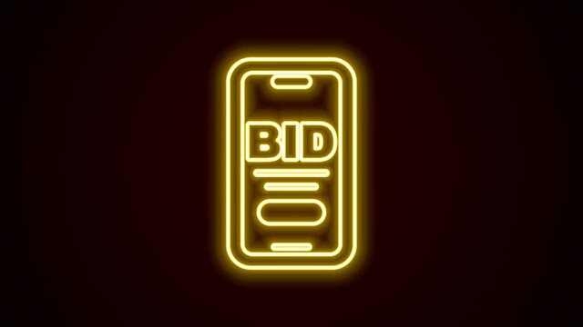 Glowing neon line Online auction icon isolated on black background. Bid sign. Auction bidding. Sale and buyers. 4K Video motion graphic animation