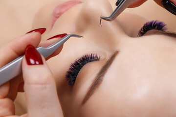 Eyelash Extension Procedure. Woman Eye with Long Blue Eyelashes. Ombre effect. Close up, selective focus. - 480805483