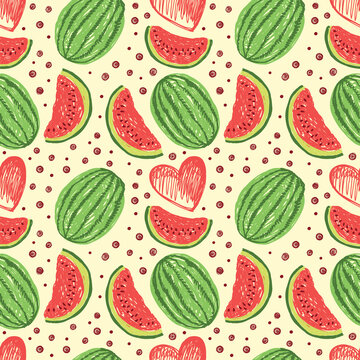 Seamless pattern with watermelons and hearts.