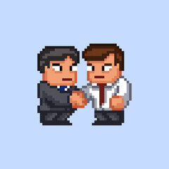 Pixel art vector retro 8 bit illustration - two cartoon male businessmen characters wearing office suits and ties shaking hands on blue background