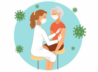Vaccination concept. Illustration of nurse vaccinating aged woman. Vaccine of covid.