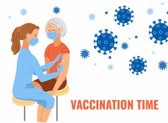 Vaccination concept. Nurse vaccinating aged woman with vaccine injection. Vaccine of covid.