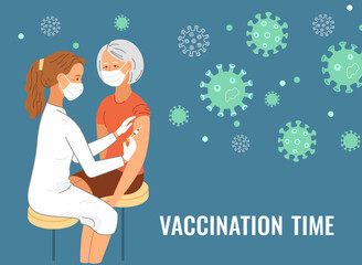 Vaccination. Nurse vaccinating aged woman. Medical banner. Vaccine of covid.