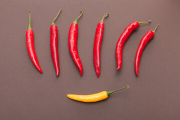 red and yellow chili peppers on brown background