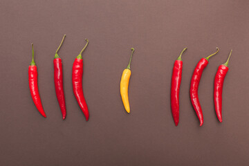 red and yellow chili peppers on brown background