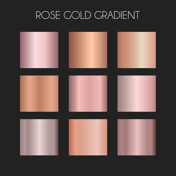 Rose gold gradient vector set, bronze foil texture isolated on black background. Pink golden shiny metallic background template. Decorative collection for  border, frame, ribbon, label design