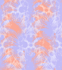 Fototapeta na wymiar A mix of tropical silhouettes of palm leaves and flowers in pastel purple and orange hues for modern summer textile and surface designs.