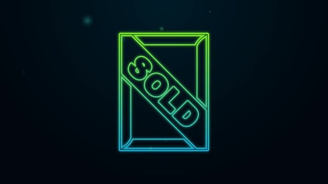 Glowing neon line Auction painting sold icon isolated on black background. Auction bidding. Sale and buyers. 4K Video motion graphic animation