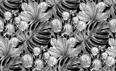Behang Zwart-wit aquarel naadloos patroon met gedroogde protea bloemen en monstera bladeren voor textiel en oppervlakteontwerp © Марина Воюш