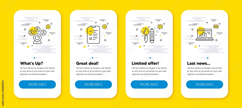 Poster vector set of video conference, interview and creativity line icons set. ui phone app screens with l
