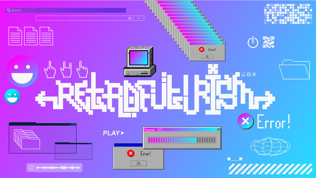 Old Elements Interface. Retro Vaporwave Desktop With User Interface Elements. Collage Software And Retro Futuristic Shapes. Old Retro Style UI, UX Graphic. Box Button, Window, Tab, Bars. Vector