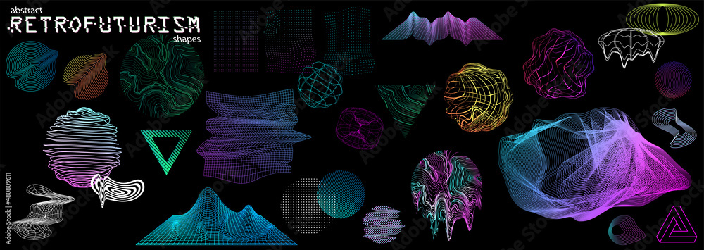 Poster vaporwave style shapes for 80s and 90s with glitch effect. retro futuristic 3d elements for trendy d