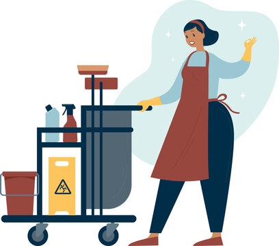Cleaning lady, janitor with trolley. Cleaning supplies and household equipment tools. Cleaning service staff