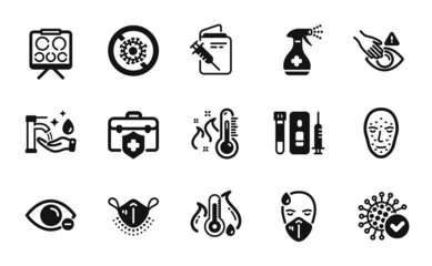 Vector set of Dont touch, Medical cleaning and Medical mask icons simple set. Blood and saliva test, Myopia and High thermometer icons. Dont touch simple web symbol. Vector