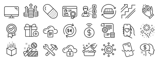 Set of Business icons, such as Add gift, Pay, Computer icons. Approved award, Settings blueprint, Stairs signs. Dating app, Fireworks, Smartphone waterproof. Budget, Opinion, File storage. Vector