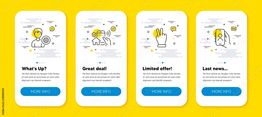 Poster vector set of support, house security and victory hand line icons set. ui phone app screens with lin