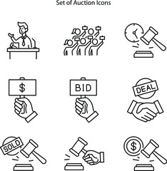 Set line Hand holding auction on white background, Auction hammer, auctioneer sells, paddle, Online, ancient vase and icon.