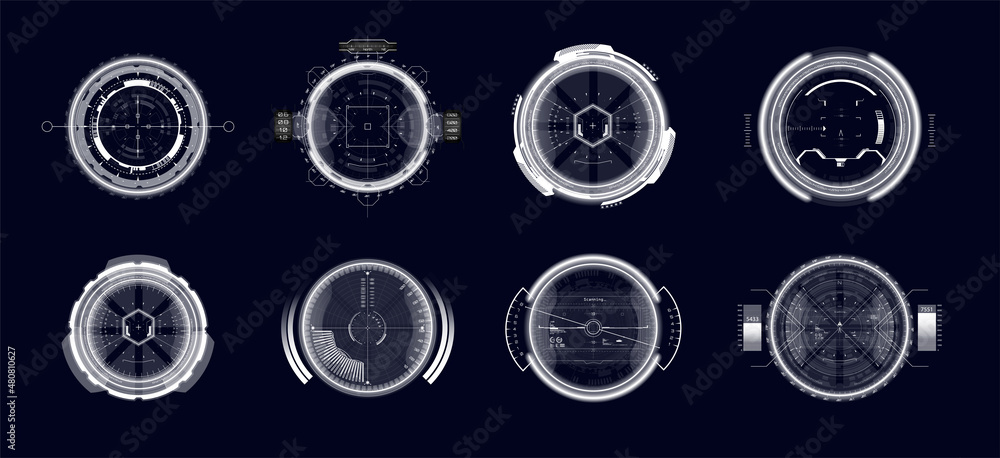 Poster hi-tech sniper scope aiming system. military technology optical aim with target and various indicato