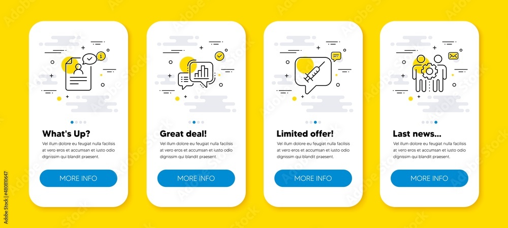 Aufkleber vector set of graph chart, resume document and vaccine message line icons set. ui phone app screens 