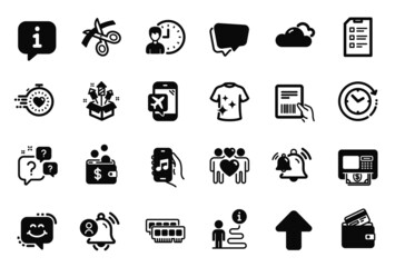 Vector Set of Business icons related to Time change, Cloudy weather and Ram icons. Atm, Clean t-shirt and Checklist signs. User notification, Scissors and Upload. Parcel invoice, Timer. Vector